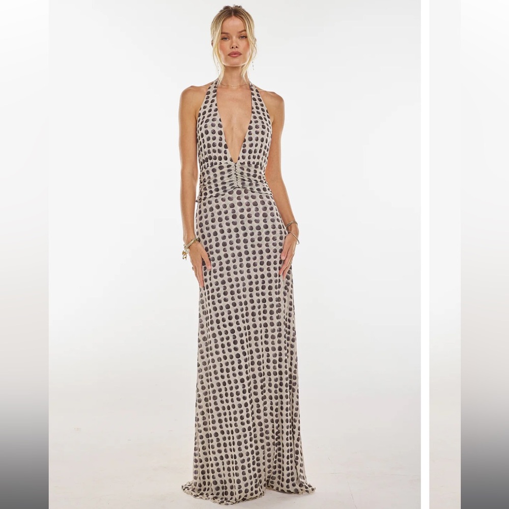 Resa Chelsea Maci Dress in Eclipse. Chic Backless Polka Dot Maxi Dress